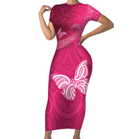 New Zealand Breast Cancer Awareness Short Sleeve Bodycon Dress Pink Ribbon Butterfly Maori Pattern LT22 Long Dress Pink - Polynesian Pride