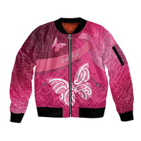 New Zealand Breast Cancer Awareness Sleeve Zip Bomber Jacket Pink Ribbon Butterfly Maori Pattern