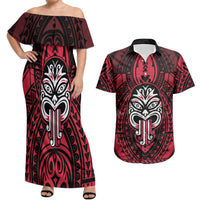 New Zealand Maori Language Week Couples Matching Off Shoulder Maxi Dress and Hawaiian Shirt Te Wiki O Te Reo Maori Hei Tiki LT22 Red - Polynesian Pride