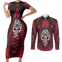 New Zealand Maori Language Week Couples Matching Short Sleeve Bodycon Dress and Long Sleeve Button Shirt Te Wiki O Te Reo Maori Hei Tiki LT22 Red - Polynesian Pride