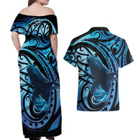 New Zealand Matariki Couples Matching Off Shoulder Maxi Dress and Hawaiian Shirt Maori Humpback Whale Galaxy