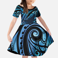 New Zealand Matariki Family Matching Off The Shoulder Long Sleeve Dress and Hawaiian Shirt Maori Humpback Whale Galaxy LT22 Daughter's Dress Blue - Polynesian Pride