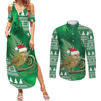 New Zealand Kakapo Christmas In July Couples Matching Summer Maxi Dress and Long Sleeve Button Shirt Silver Fern Santa Xmas Green Color