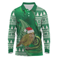 New Zealand Kakapo Christmas In July Long Sleeve Polo Shirt Silver Fern Santa Xmas Green Color