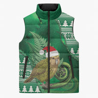 New Zealand Kakapo Christmas In July Sleeveless Puffer Jacket Silver Fern Santa Xmas Green Color