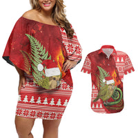 New Zealand Kakapo Christmas In July Couples Matching Off Shoulder Short Dress and Hawaiian Shirt Silver Fern Santa Xmas Red Color