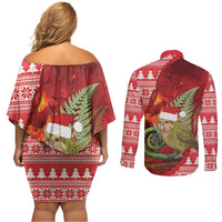 New Zealand Kakapo Christmas In July Couples Matching Off Shoulder Short Dress and Long Sleeve Button Shirt Silver Fern Santa Xmas Red Color