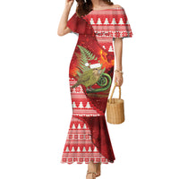 New Zealand Kakapo Christmas In July Family Matching Mermaid Dress and Hawaiian Shirt Silver Fern Santa Xmas Red Color