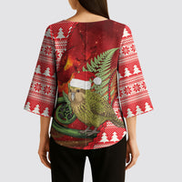 New Zealand Kakapo Christmas In July Kimono Sleeve Blouse Silver Fern Santa Xmas Red Color