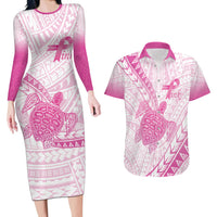 Breast Cancer Awareness Personalised Couples Matching Long Sleeve Bodycon Dress and Hawaiian Shirt Pink Ribbon Turtle Polynesian Pattern White