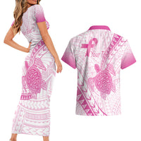 Breast Cancer Awareness Personalised Couples Matching Short Sleeve Bodycon Dress and Hawaiian Shirt Pink Ribbon Turtle Polynesian Pattern White