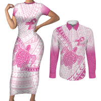 Breast Cancer Awareness Personalised Couples Matching Short Sleeve Bodycon Dress and Long Sleeve Button Shirt Pink Ribbon Turtle Polynesian Pattern White LT22 Pink - Polynesian Pride