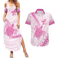 Breast Cancer Awareness Personalised Couples Matching Summer Maxi Dress and Hawaiian Shirt Pink Ribbon Turtle Polynesian Pattern White