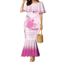 Breast Cancer Awareness Personalised Family Matching Mermaid Dress and Hawaiian Shirt Pink Ribbon Turtle Polynesian Pattern White LT22 Mom's Dress Pink - Polynesian Pride