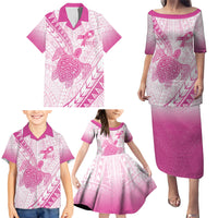 Breast Cancer Awareness Personalised Family Matching Puletasi and Hawaiian Shirt Pink Ribbon Turtle Polynesian Pattern White