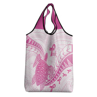 Breast Cancer Awareness Grocery Bag Pink Ribbon Turtle Polynesian Pattern White