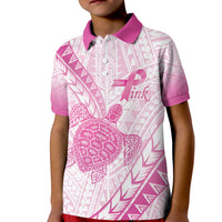 Breast Cancer Awareness Personalised Kid Polo Shirt Pink Ribbon Turtle Polynesian Pattern White