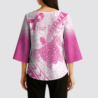 Breast Cancer Awareness Personalised Kimono Sleeve Blouse Pink Ribbon Turtle Polynesian Pattern White