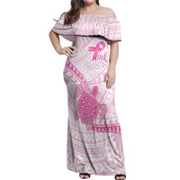 Breast Cancer Awareness Personalised Off Shoulder Maxi Dress Pink Ribbon Turtle Polynesian Pattern White
