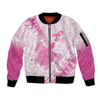 Breast Cancer Awareness Personalised Sleeve Zip Bomber Jacket Pink Ribbon Turtle Polynesian Pattern White