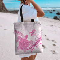 Breast Cancer Awareness Tote Bag Pink Ribbon Turtle Polynesian Pattern White