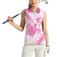 Breast Cancer Awareness Personalised Women Sleeveless Polo Shirt Pink Ribbon Turtle Polynesian Pattern White