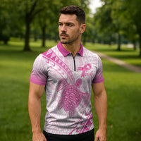 Breast Cancer Awareness Personalised Zipper Polo Shirt Pink Ribbon Turtle Polynesian Pattern White