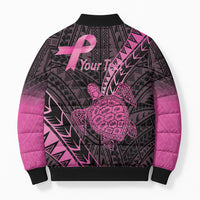 Breast Cancer Awareness Personalised Bomber Puffer Jacket Pink Ribbon Turtle Polynesian Pattern Black