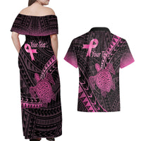 Breast Cancer Awareness Personalised Couples Matching Off Shoulder Maxi Dress and Hawaiian Shirt Pink Ribbon Turtle Polynesian Pattern Black