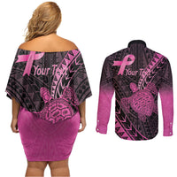 Breast Cancer Awareness Personalised Couples Matching Off Shoulder Short Dress and Long Sleeve Button Shirt Pink Ribbon Turtle Polynesian Pattern Black