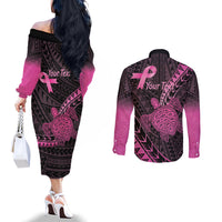 Breast Cancer Awareness Personalised Couples Matching Off The Shoulder Long Sleeve Dress and Long Sleeve Button Shirt Pink Ribbon Turtle Polynesian Pattern Black
