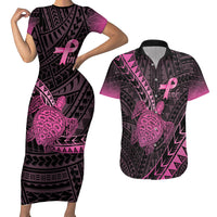 Breast Cancer Awareness Personalised Couples Matching Short Sleeve Bodycon Dress and Hawaiian Shirt Pink Ribbon Turtle Polynesian Pattern Black