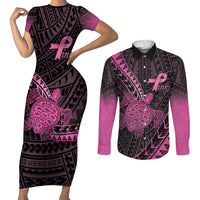 Breast Cancer Awareness Personalised Couples Matching Short Sleeve Bodycon Dress and Long Sleeve Button Shirt Pink Ribbon Turtle Polynesian Pattern Black