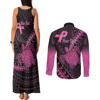 Breast Cancer Awareness Personalised Couples Matching Tank Maxi Dress and Long Sleeve Button Shirt Pink Ribbon Turtle Polynesian Pattern Black