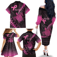 Breast Cancer Awareness Personalised Family Matching Off The Shoulder Long Sleeve Dress and Hawaiian Shirt Pink Ribbon Turtle Polynesian Pattern Black LT22 - Polynesian Pride