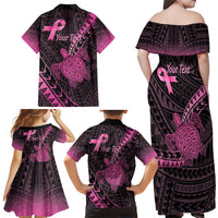 Breast Cancer Awareness Personalised Family Matching Off Shoulder Maxi Dress and Hawaiian Shirt Pink Ribbon Turtle Polynesian Pattern Black