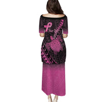Breast Cancer Awareness Personalised Family Matching Puletasi and Hawaiian Shirt Pink Ribbon Turtle Polynesian Pattern Black