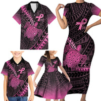 Breast Cancer Awareness Personalised Family Matching Short Sleeve Bodycon Dress and Hawaiian Shirt Pink Ribbon Turtle Polynesian Pattern Black LT22 - Polynesian Pride