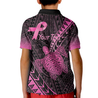 Breast Cancer Awareness Personalised Kid Polo Shirt Pink Ribbon Turtle Polynesian Pattern Black