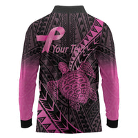 Breast Cancer Awareness Personalised Long Sleeve Polo Shirt Pink Ribbon Turtle Polynesian Pattern Black