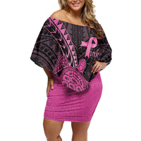 Breast Cancer Awareness Personalised Off Shoulder Short Dress Pink Ribbon Turtle Polynesian Pattern Black