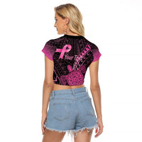 Breast Cancer Awareness Personalised Raglan Cropped T Shirt Pink Ribbon Turtle Polynesian Pattern Black