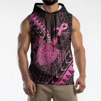Breast Cancer Awareness Personalised Sleeveless Hoodie Pink Ribbon Turtle Polynesian Pattern Black
