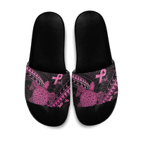 Breast Cancer Awareness Slide Sandals Pink Ribbon Turtle Polynesian Pattern Black