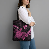 Breast Cancer Awareness Tote Bag Pink Ribbon Turtle Polynesian Pattern Black