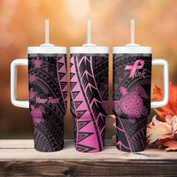 Breast Cancer Awareness Personalised Tumbler With Handle Pink Ribbon Turtle Polynesian Pattern Black