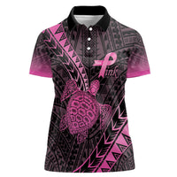 Breast Cancer Awareness Personalised Women Polo Shirt Pink Ribbon Turtle Polynesian Pattern Black