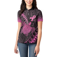 Breast Cancer Awareness Personalised Women Polo Shirt Pink Ribbon Turtle Polynesian Pattern Black