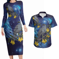 New Zealand Kokako Bird Couples Matching Long Sleeve Bodycon Dress and Hawaiian Shirt Kowhai Galaxy Style Polynesian Pattern LT22 Blue - Polynesian Pride