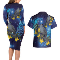 New Zealand Kokako Bird Couples Matching Long Sleeve Bodycon Dress and Hawaiian Shirt Kowhai Galaxy Style Polynesian Pattern